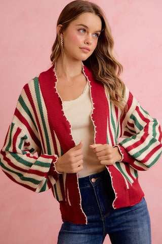 Christmas Open Front Knit Cardigan with Scalloped Edges