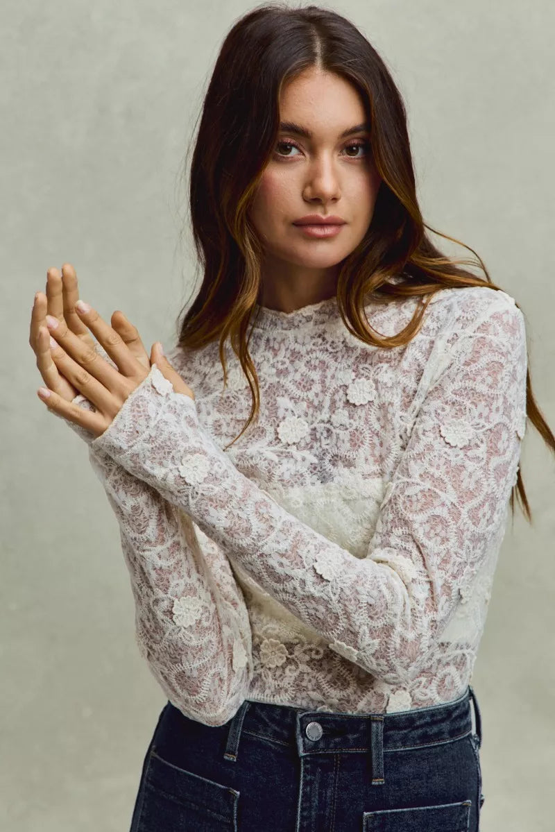 SO ME Lace Long Sleeve 3d Effect Floral Layering Top