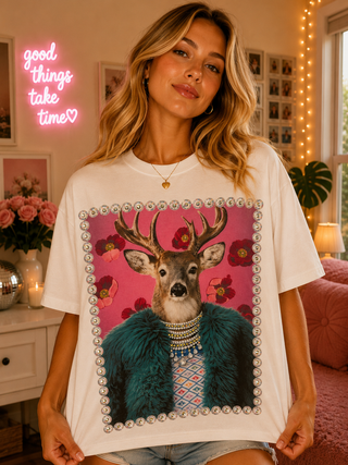 Deer in Fur Coat White Graphic Tee 1038