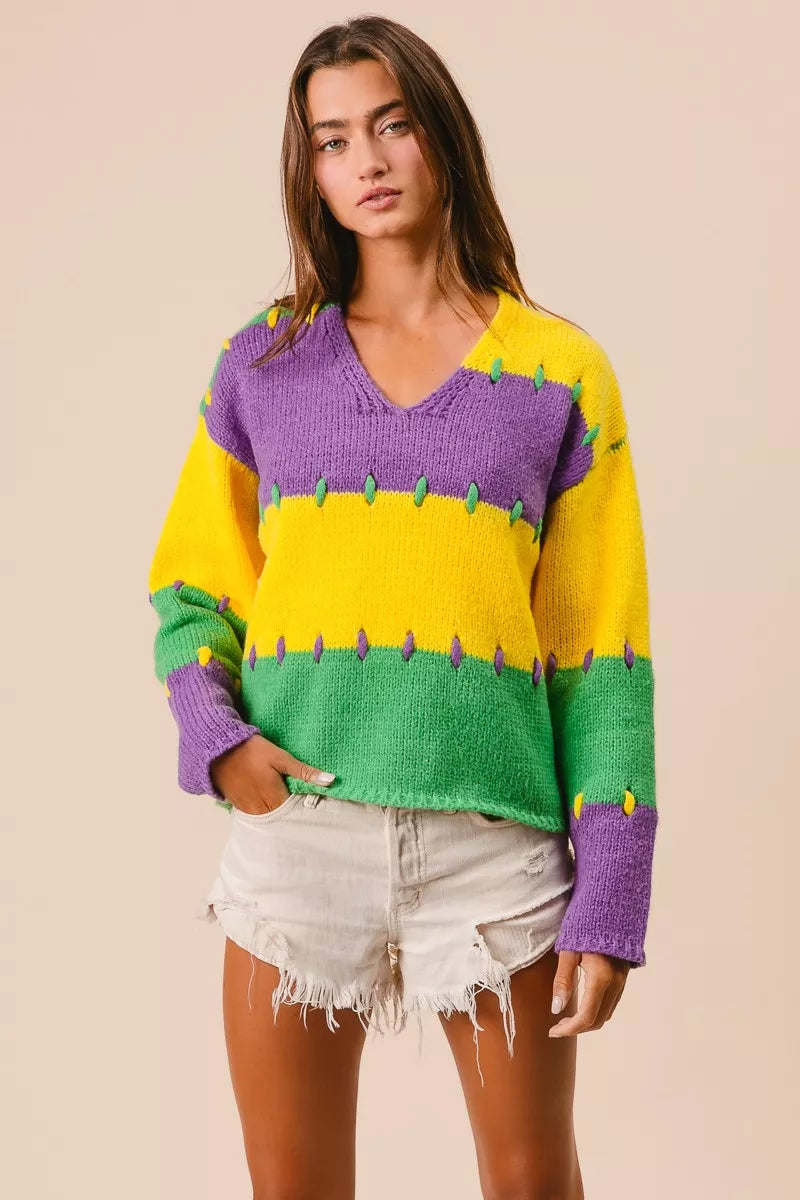 BiBi Stitch Detail Mardi Gras Stripes Sweater