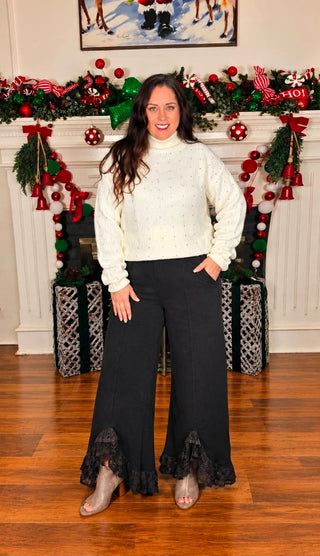 Romantic Lace Mineral Wash Whisper Wide Leg Pants: Charcoal Black