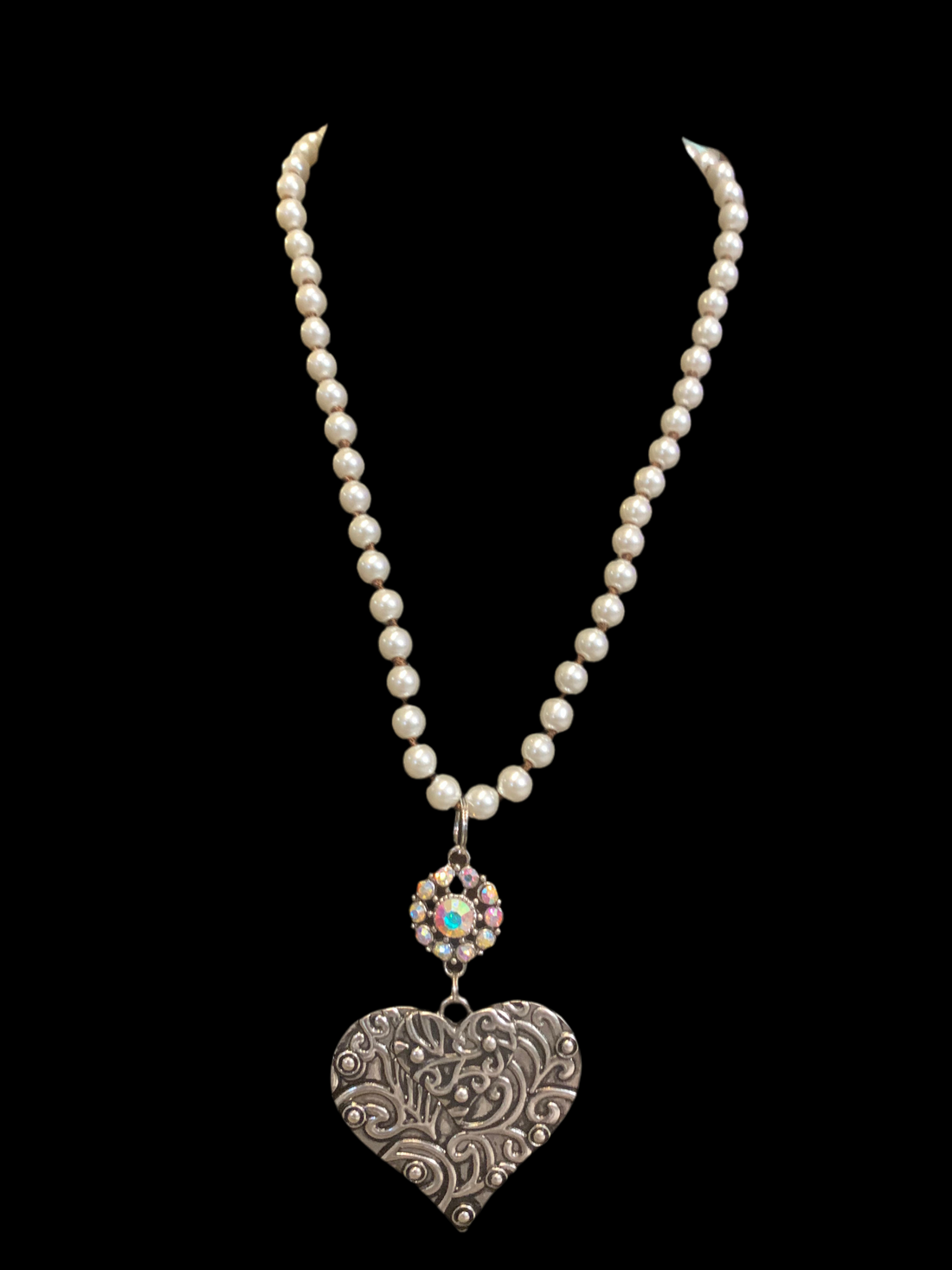 Scrolled Hearts and Pearls Necklace