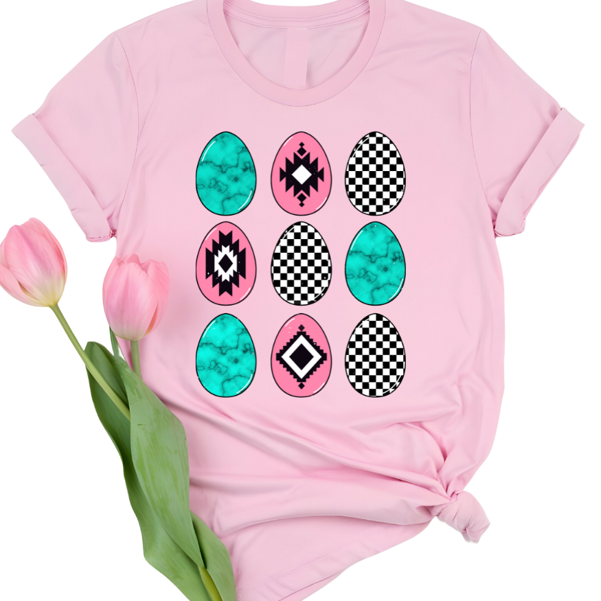 Turquoise Pink &amp; Checkered Eggs Graphic Tee