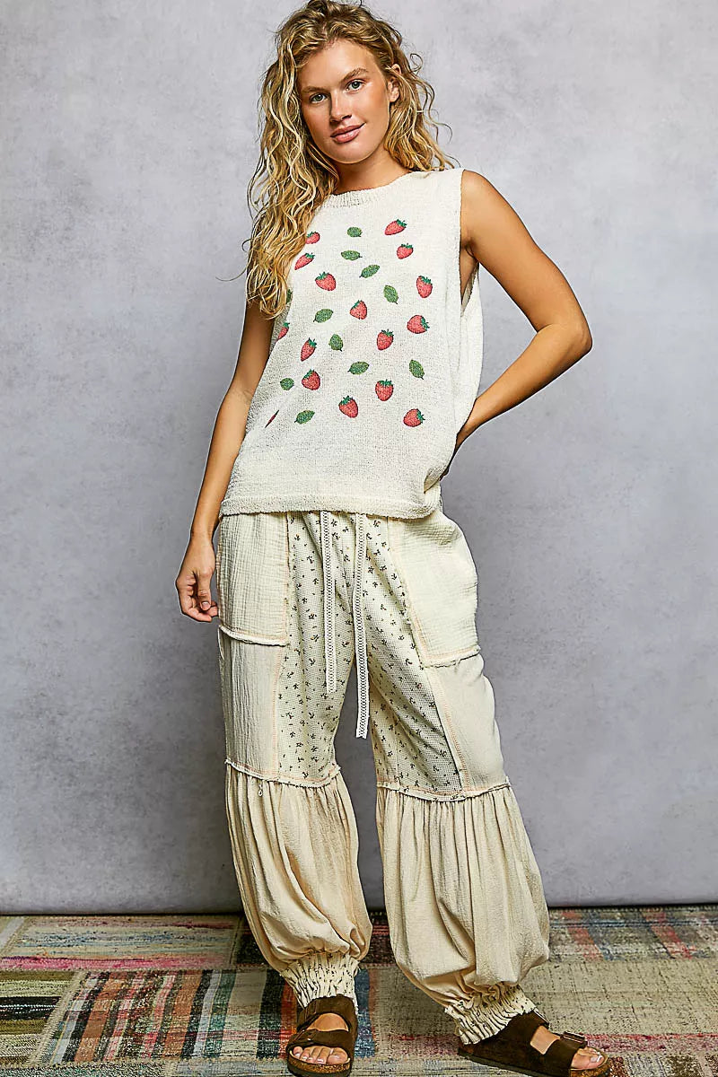 POL Strawberry Pattern Round Neck Sleeveless Sweater Top