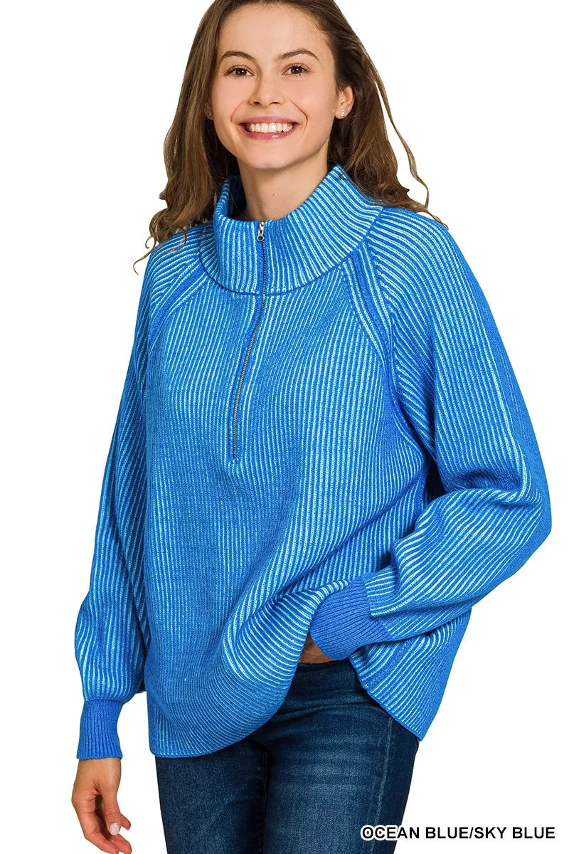 Zenana Ribbed Two Tone Half Zip Sweater