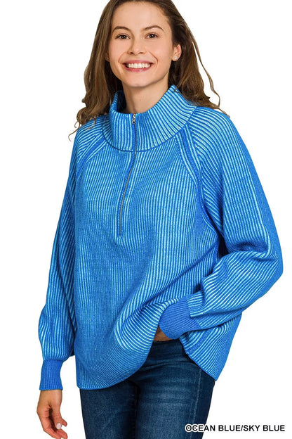 Zenana Ribbed Two Tone Half Zip Sweater