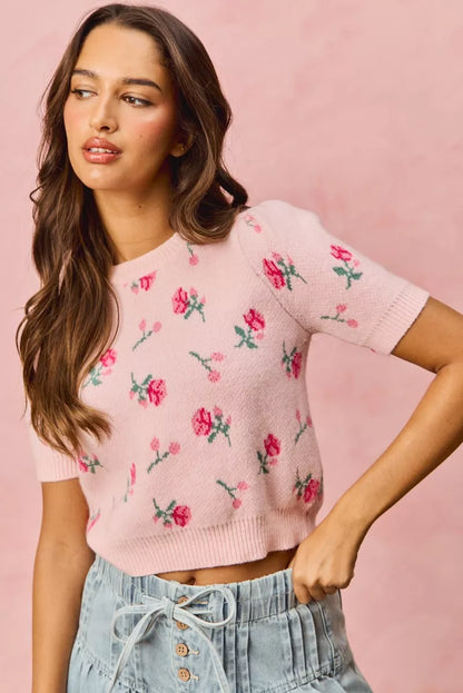 SO ME Floral Pattern Knit Puff Sleeves Sweater Top
