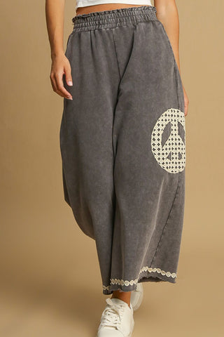 Umgee Full Size Peace Lace Applique Mineral Wash Wide Leg Pants