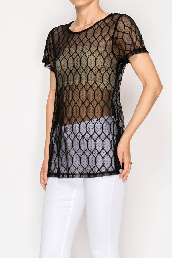 Sheer Lattice Mesh Short Sleeve Blouse – OLS-4868 BK