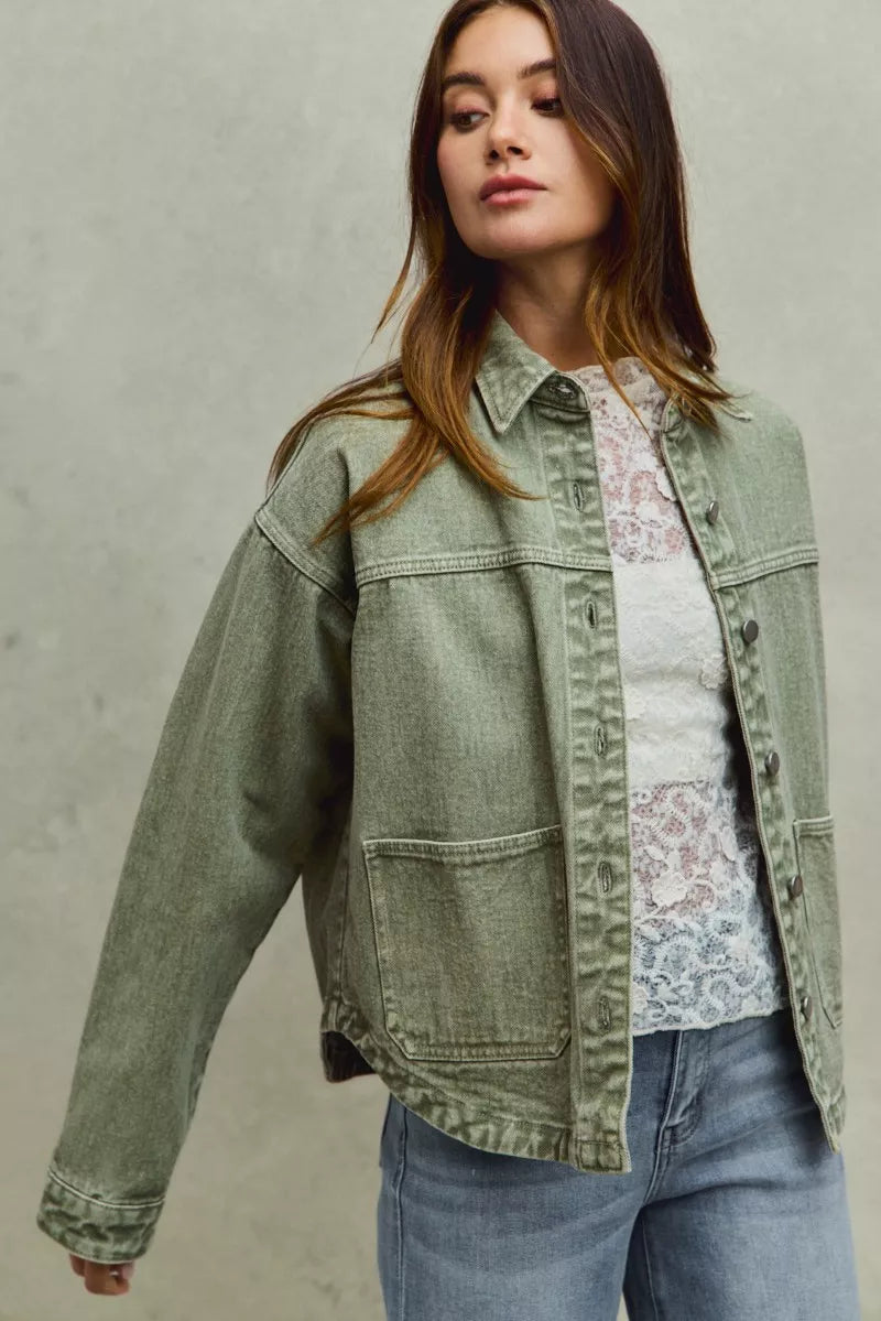 SO ME Vintage Washed Button Twill Shacket