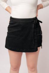 Denim Bentli High Rise Side Tie Denim Skort in Black