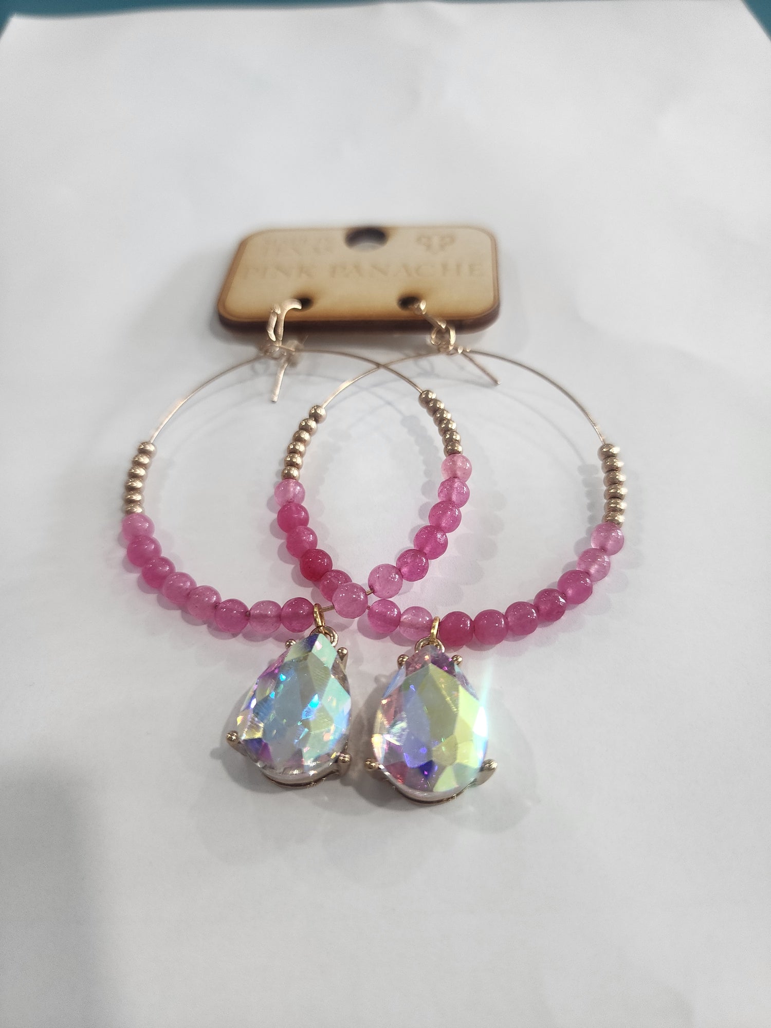 Pink and Gold Hoops with Crystal Teardrop