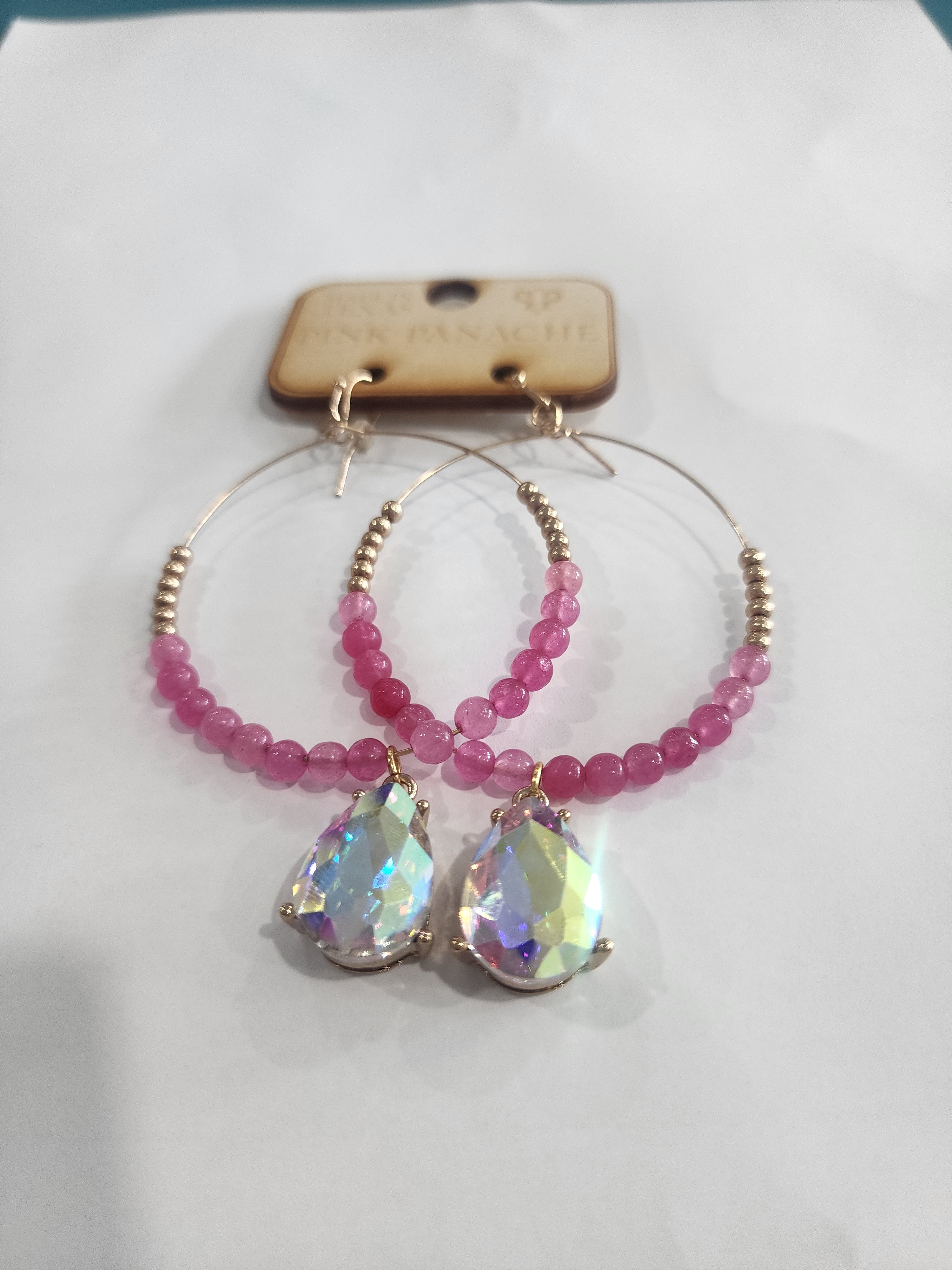 Pink and Gold Hoops with Crystal Teardrop