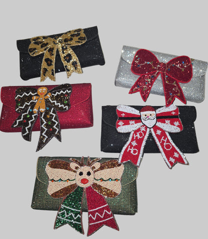 Festive Christmas Bow Sequin Clutch Purse Collection