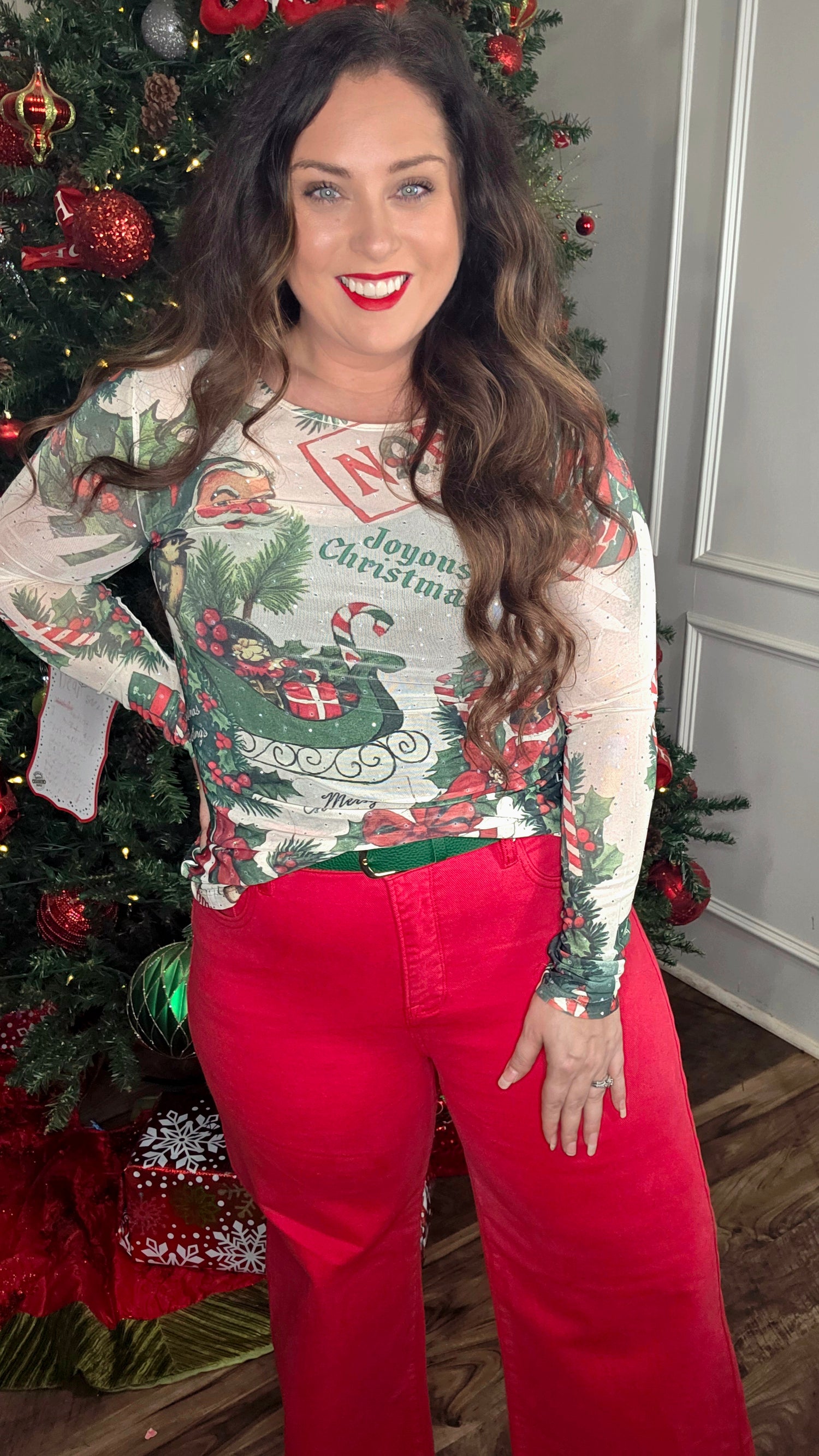 Embellished Santa Mesh Top