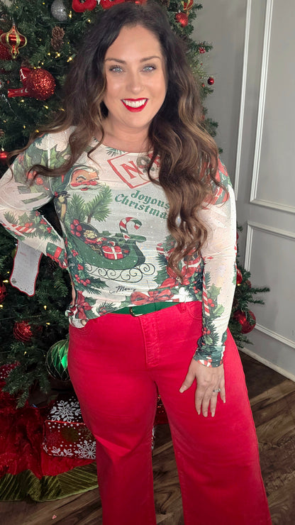 Embellished Santa Mesh Top