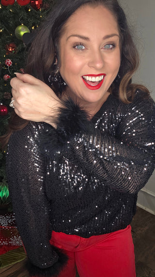 Black Sequin Top with Faux Feather Trimmed Sleeve