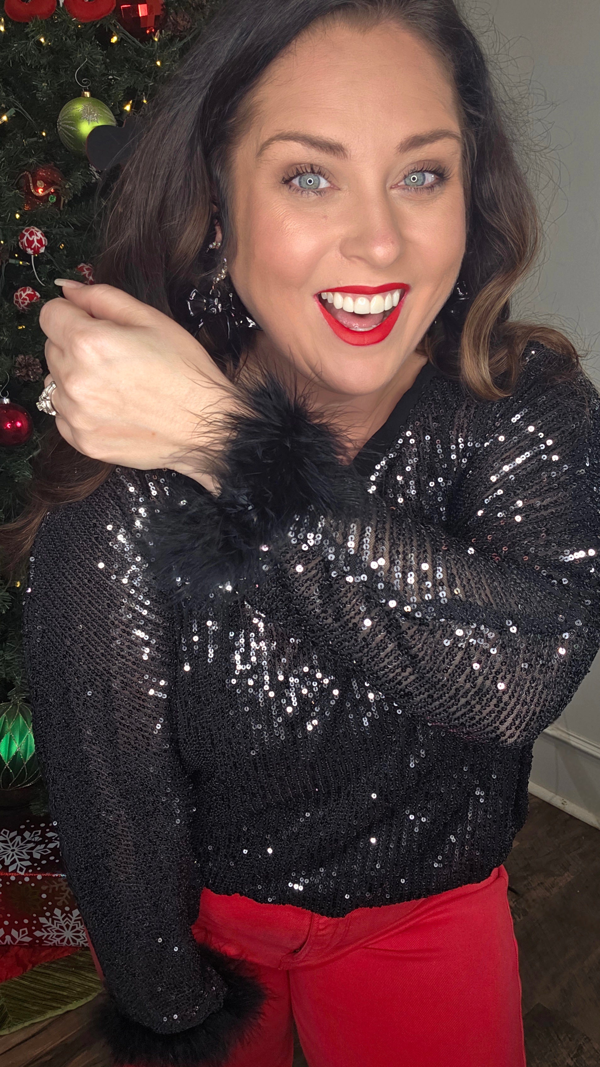 Black Sequin Top with Faux Feather Trimmed Sleeve