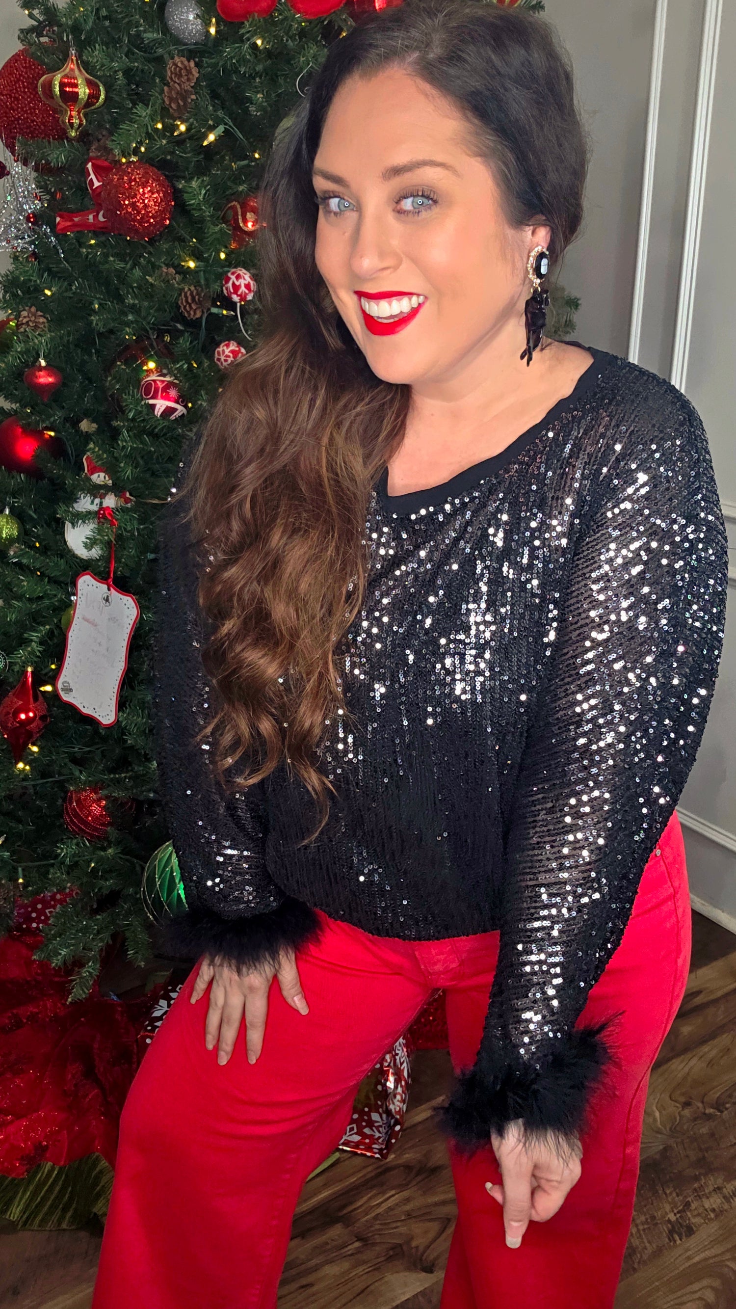 Black Sequin Top with Faux Feather Trimmed Sleeve