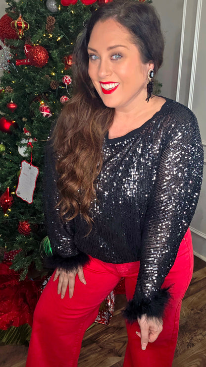 Black Sequin Top with Faux Feather Trimmed Sleeve