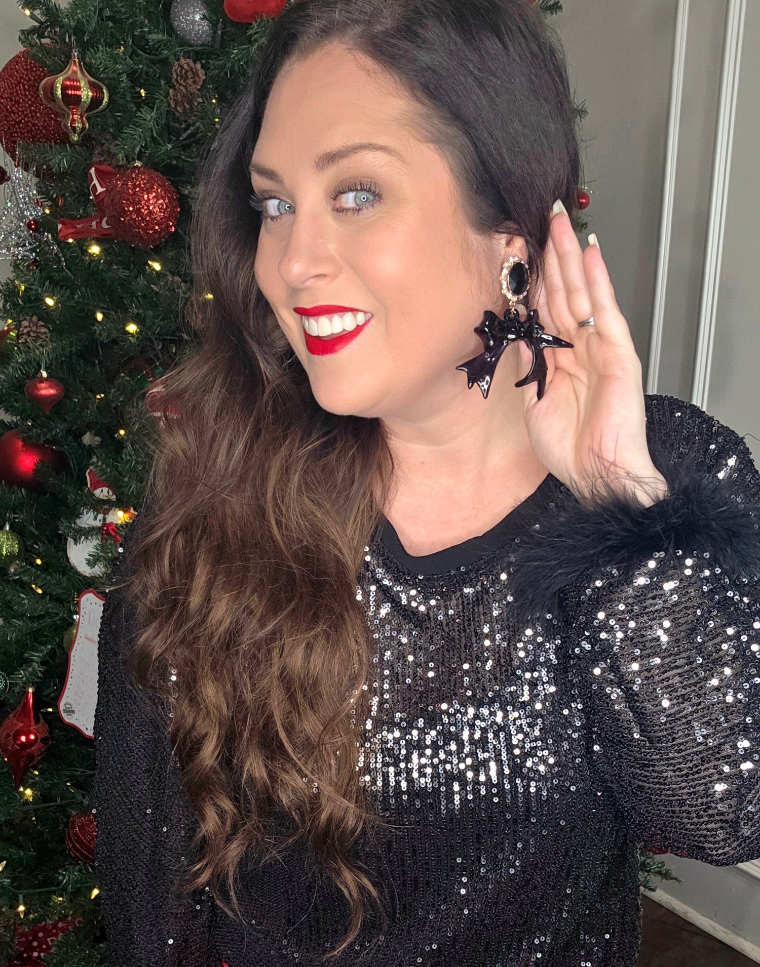 Black Sequin Top with Faux Feather Trimmed Sleeve