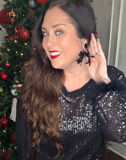 Black Sequin Top with Faux Feather Trimmed Sleeve