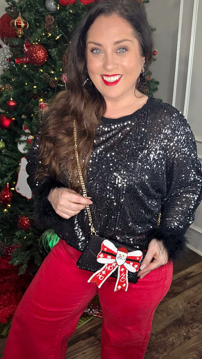 Black Sequin Top with Faux Feather Trimmed Sleeve