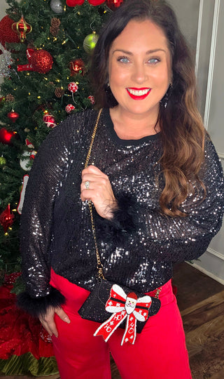 Black Sequin Top with Faux Feather Trimmed Sleeve