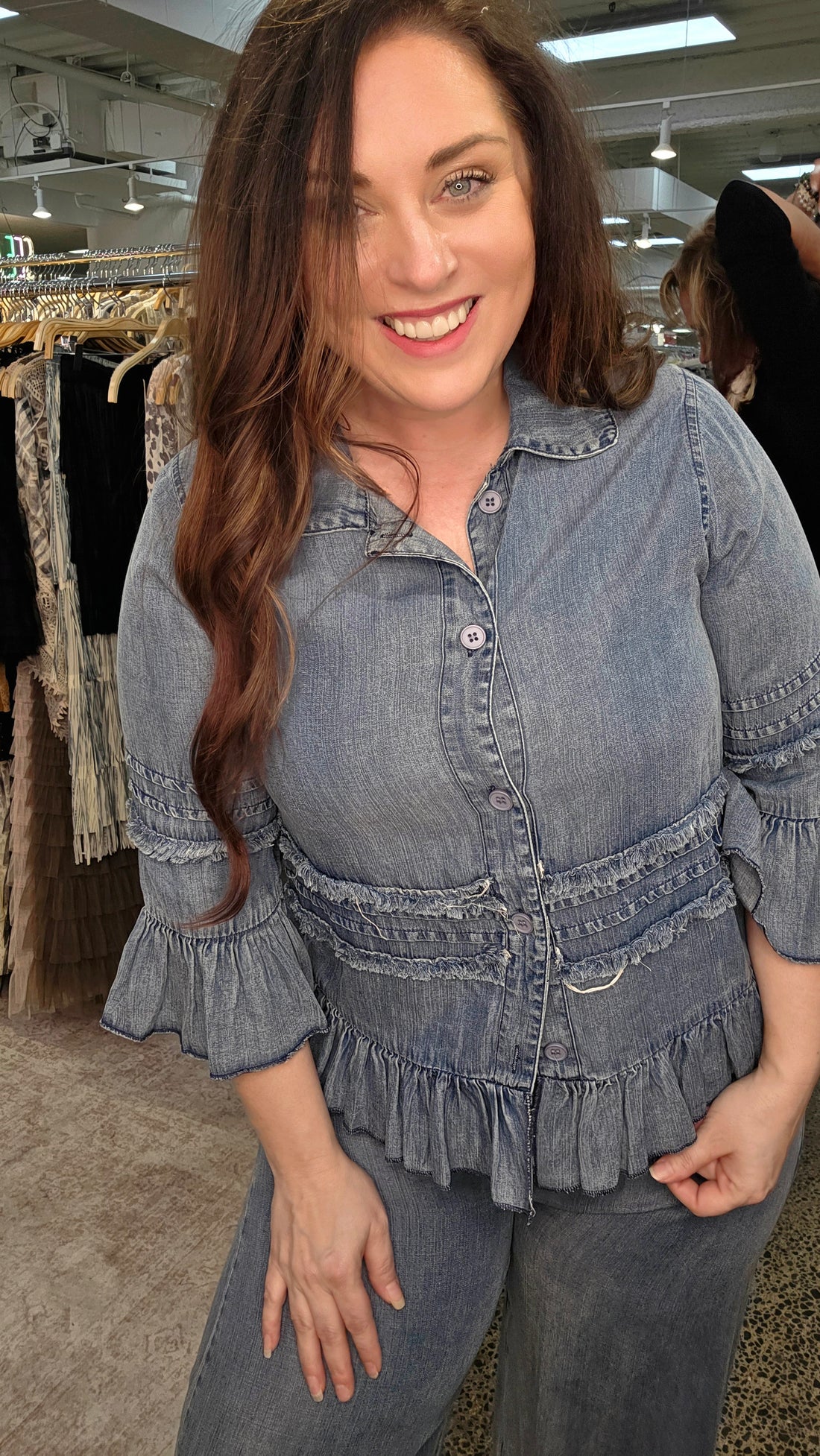 Ruffle Detail Chambray Jacket