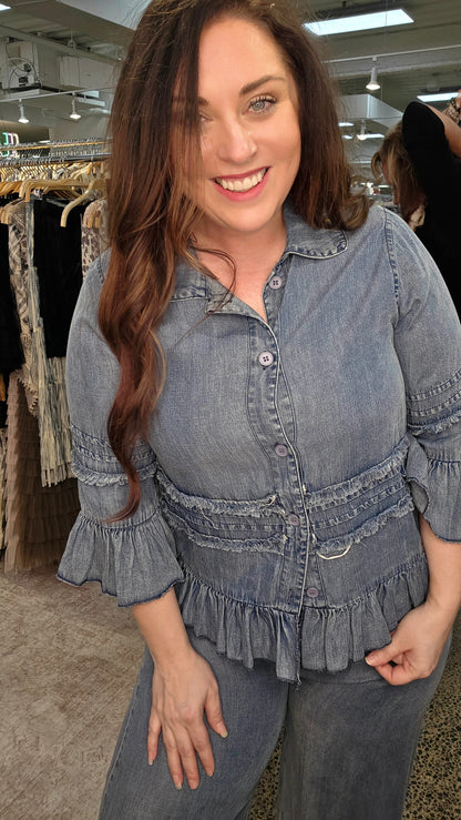 Ruffle Detail Chambray Jacket