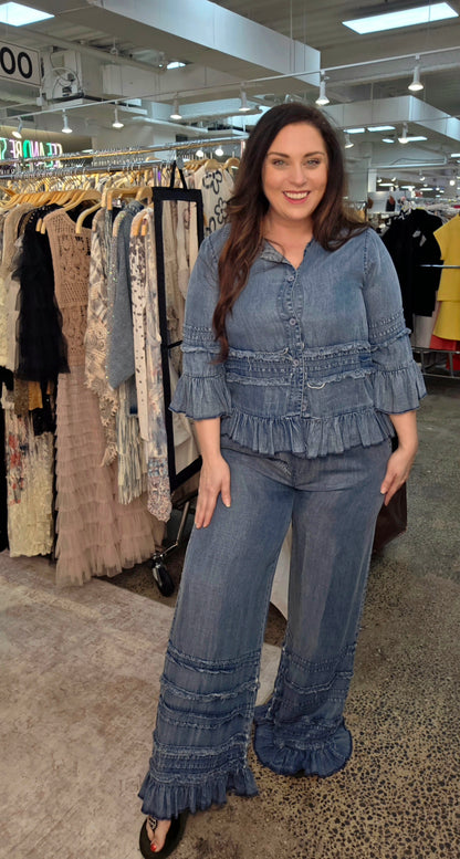 Ruffle Detail Chambray Pants