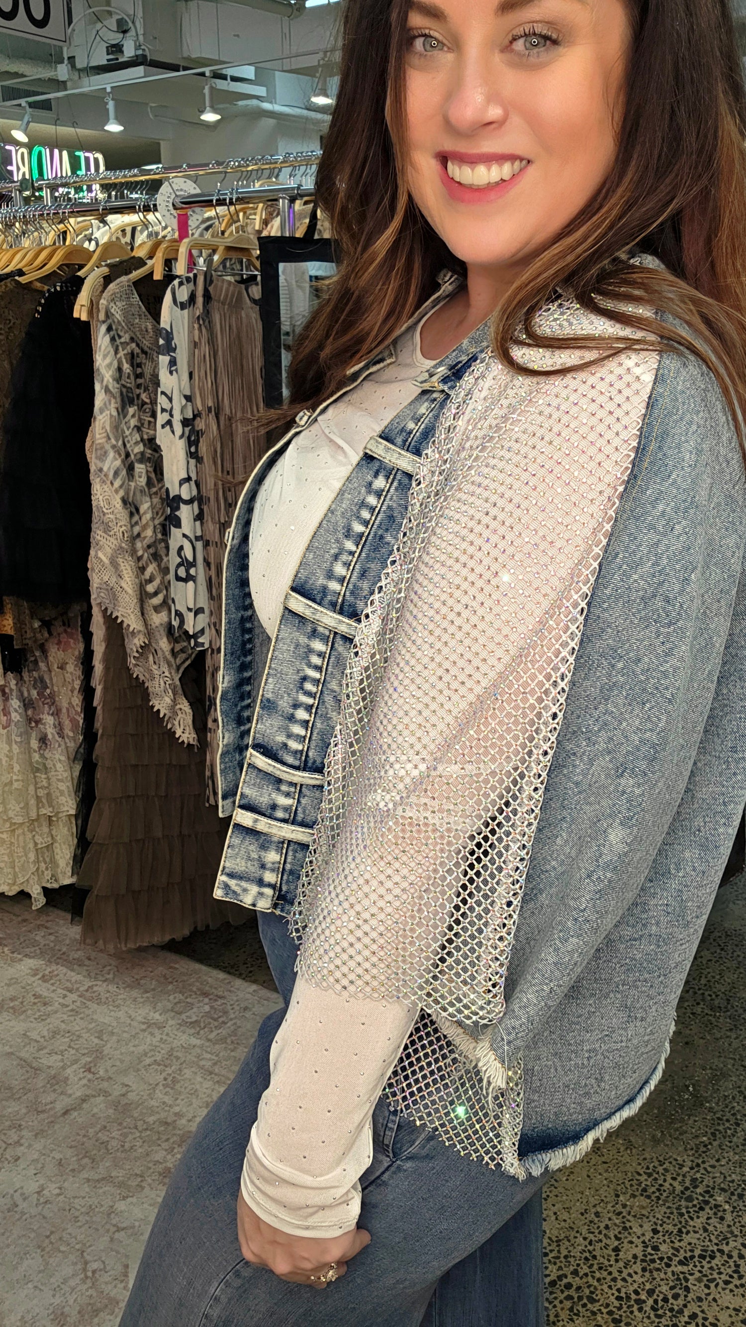 Rhinestone Mesh Denim Poncho Vest