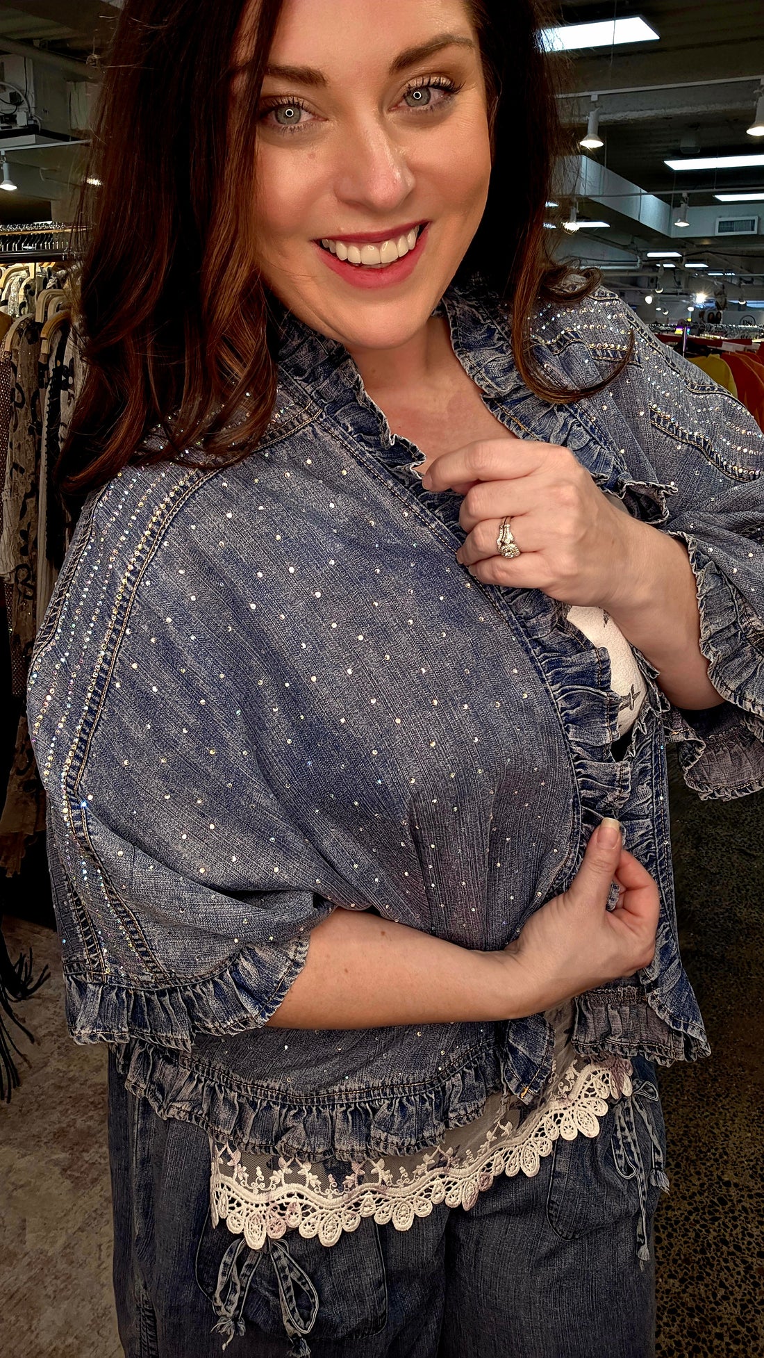 Chambray Rhinestone Ruffle Jacket