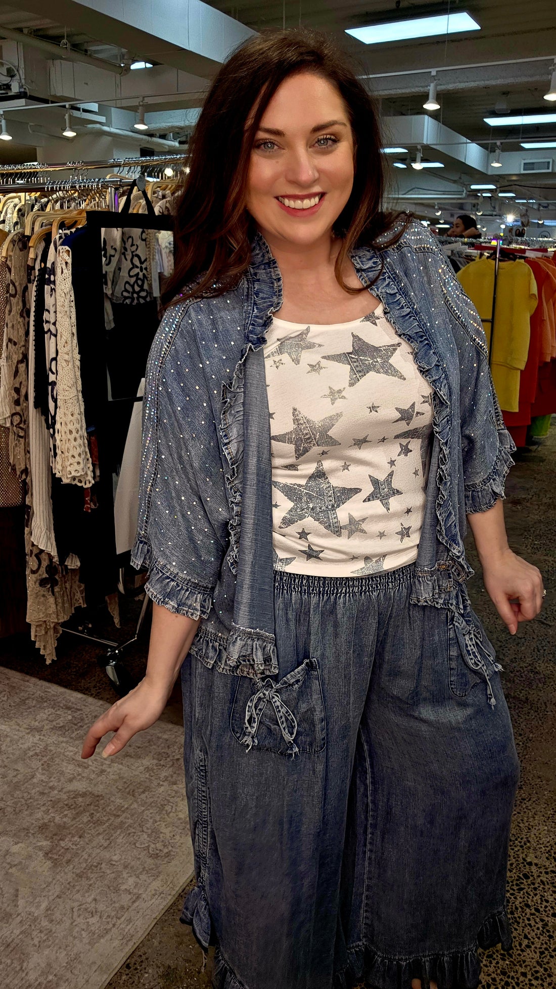 Chambray Rhinestone Ruffle Jacket