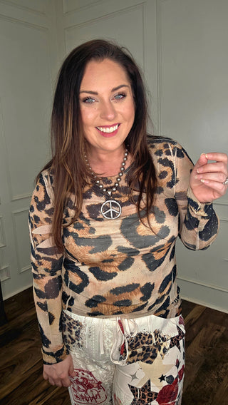 Leopard Embellished Mesh Top