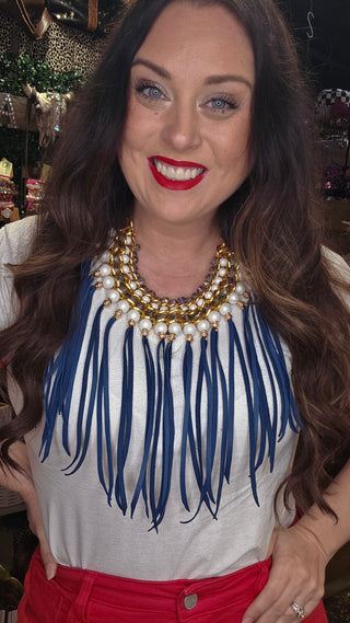 Pearl & Blue Leather Fringe Statement Necklace | Luxe Glam Collar
