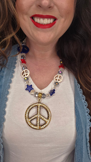 Red, White, Blue Peace and Stars Statement Necklace