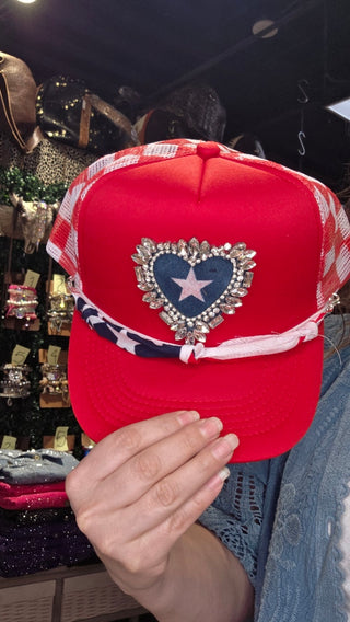 Patriotic Heart Rhinestone Trucker Hat | Red, White & Boujee Statement Cap by Sandra Ling Designs