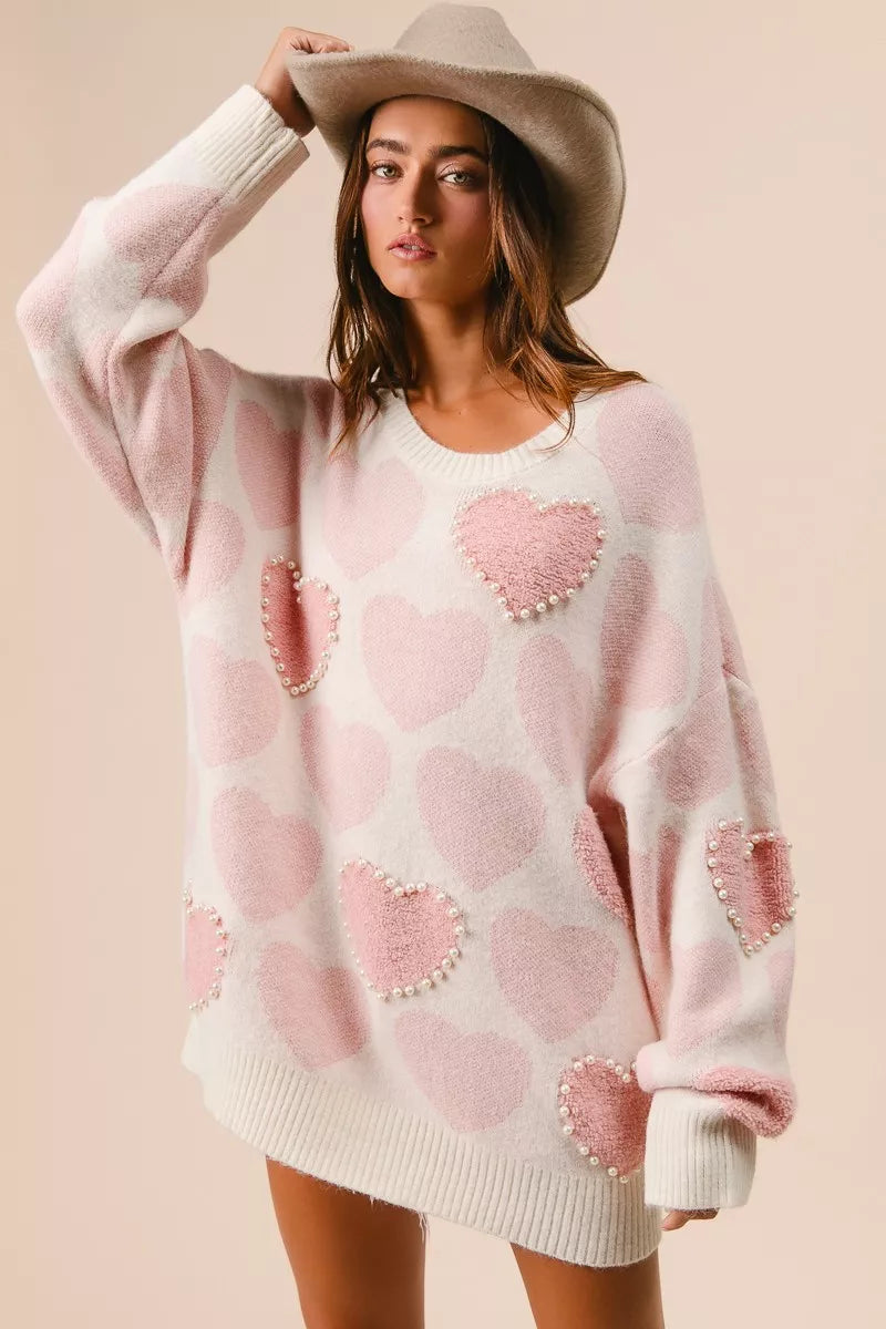 BiBi Heart Pattern Sweater with Pearl Detail