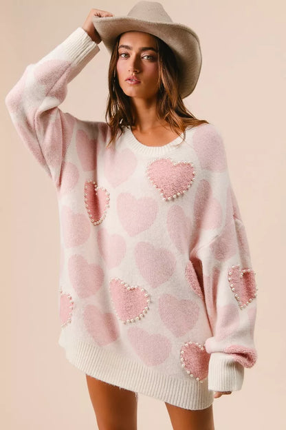 BiBi Heart Pattern Sweater with Pearl Detail