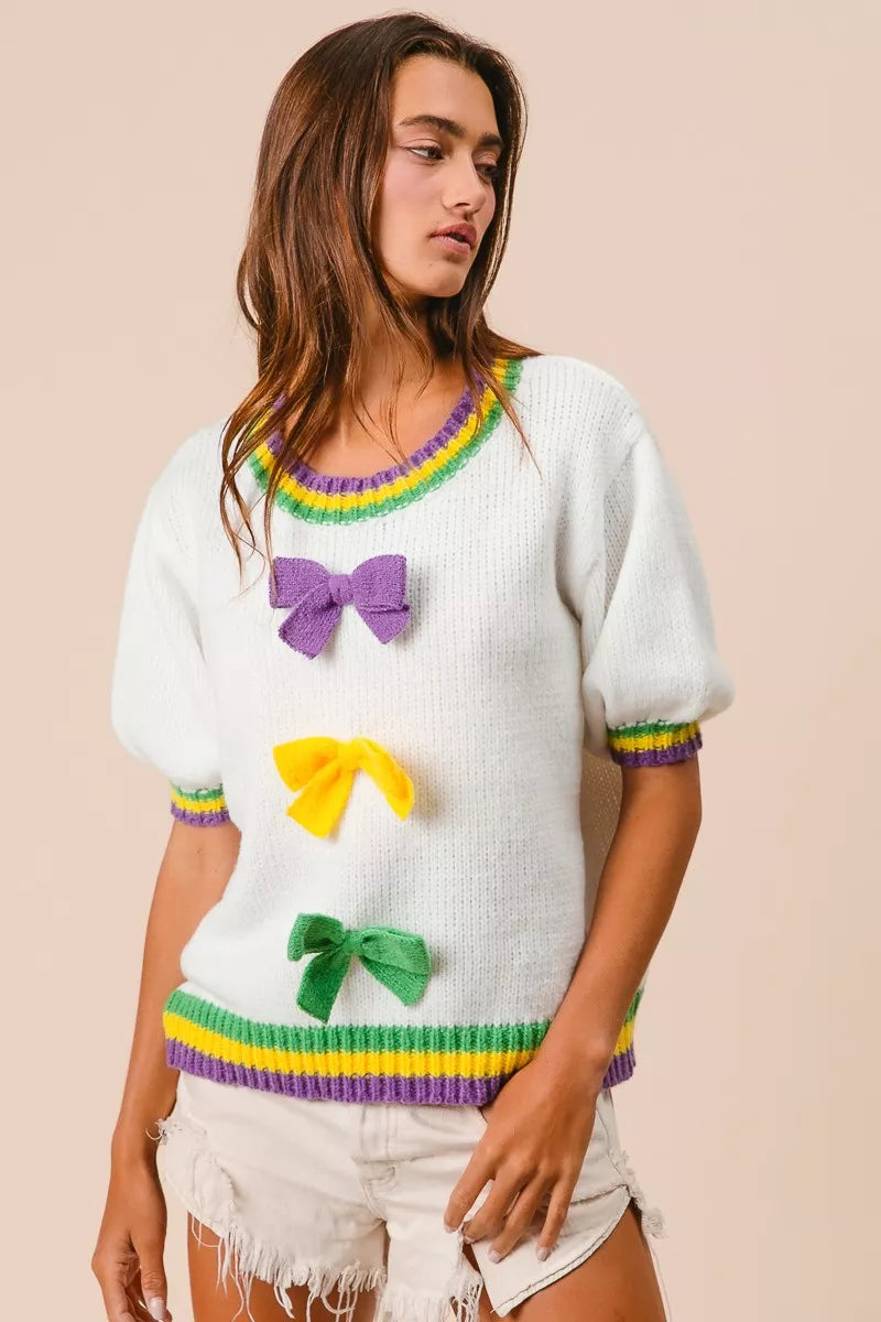 BiBi Short Puff Sleeve Ribbon Bow Mardi Gras Sweater