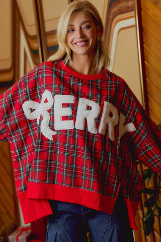 Christmas Tartan Plaid Merry Chenille Patch Sweatshirt