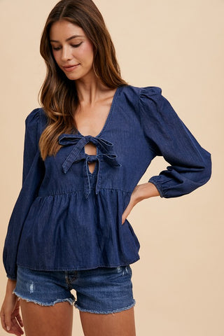 Shirts & Tops Annie Wear Tie Front Peplum Long Sleeve Denim Top