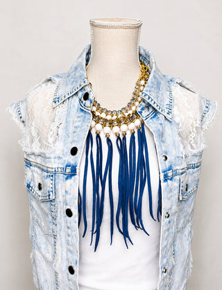 Pearl & Blue Leather Fringe Statement Necklace | Luxe Glam Collar by Sandra Ling Designs