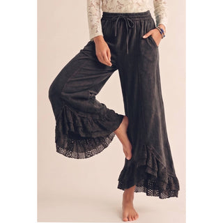 Romantic Lace Mineral Wash Whisper Wide Leg Pants: Charcoal Black