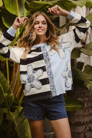 BiBi Patchwork Striped Round Neck Sweatshirt