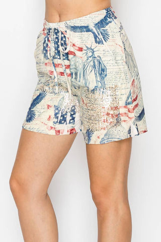 Lined Lace & Sequin Drawstring Shorts- 4757BG FREEDOM: FREEDOM / L
