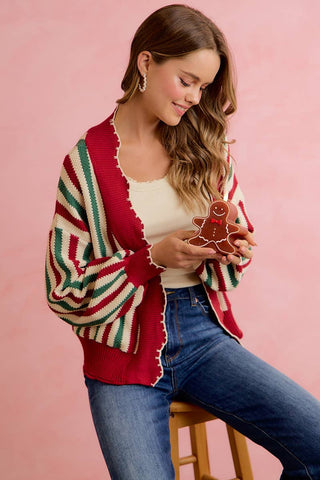 Christmas Open Front Knit Cardigan with Scalloped Edges