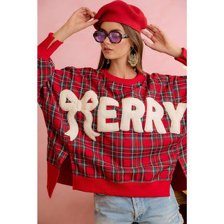 Christmas Tartan Plaid Merry Chenille Patch Sweatshirt