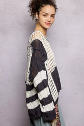 POL Color-Blocked Stripe Pattern Knit Top with Twisted Weave